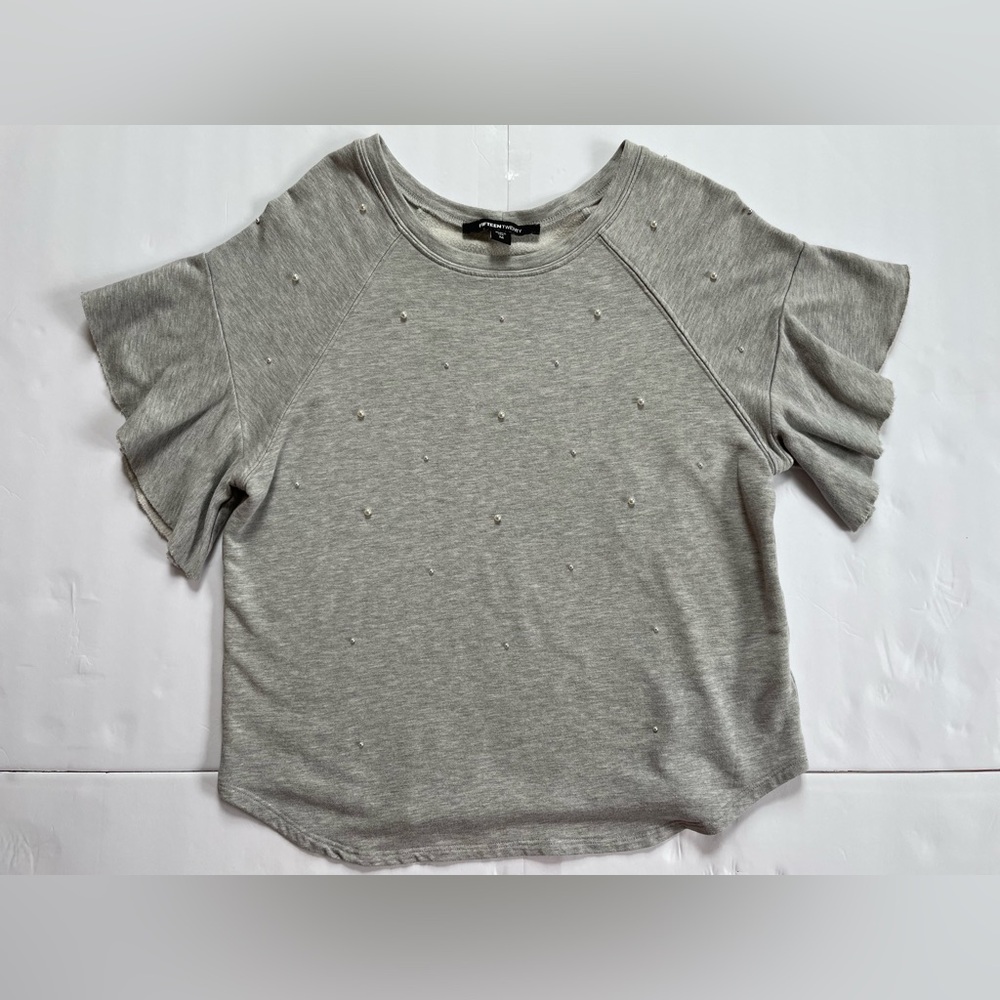 Fifteen Twenty Light Gray Pearl-Embellished Short Sleeve Sweatshirt